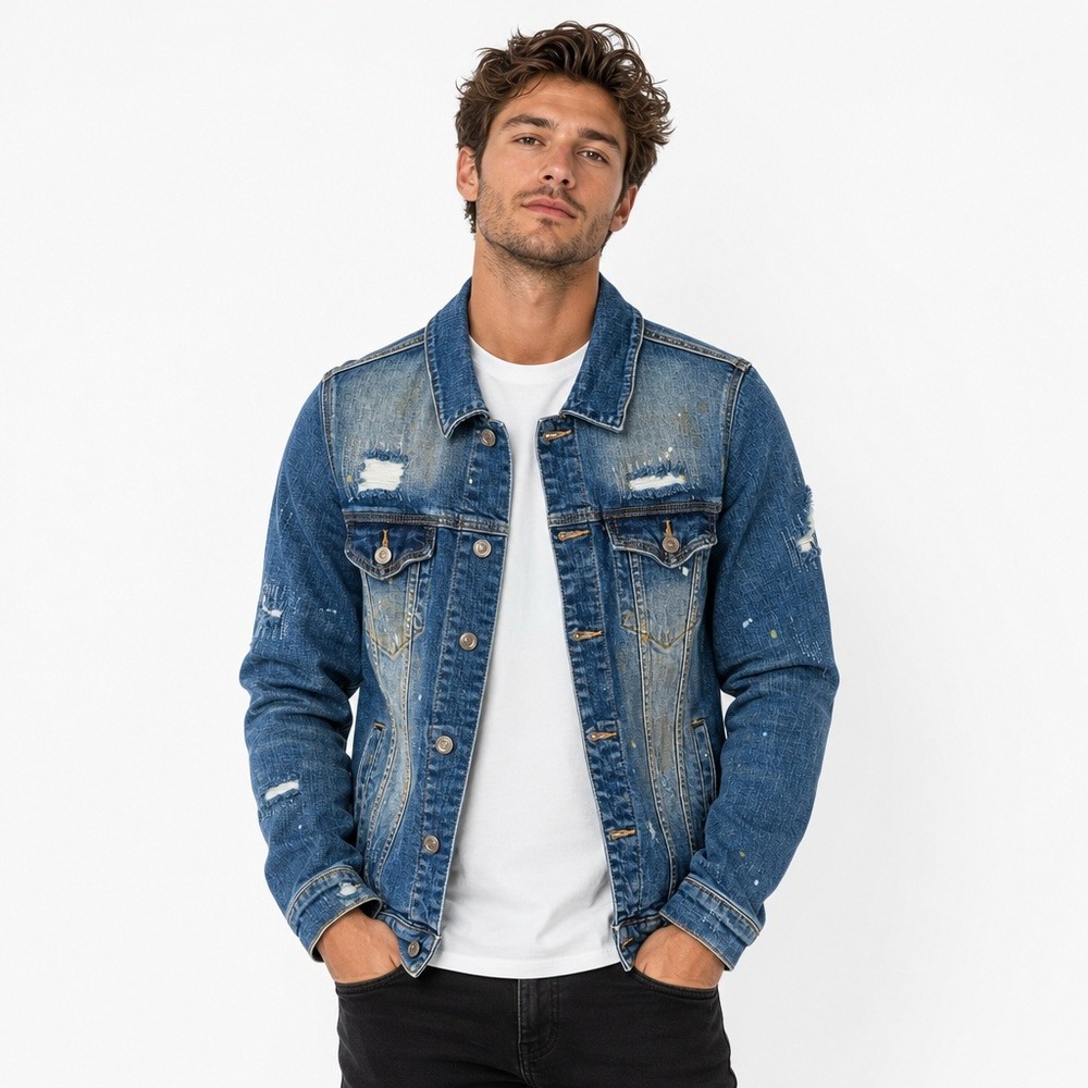 Embellish NYC Mens Distressed Denim Trucker Jacket Blue Paint Splatter Size M